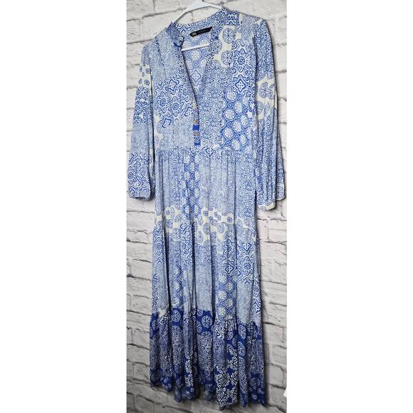 ZARA Blue White Patchwork Tile Print Tiered Midi Dress Long Sleeve Medium M Boho - Picture 3 of 10